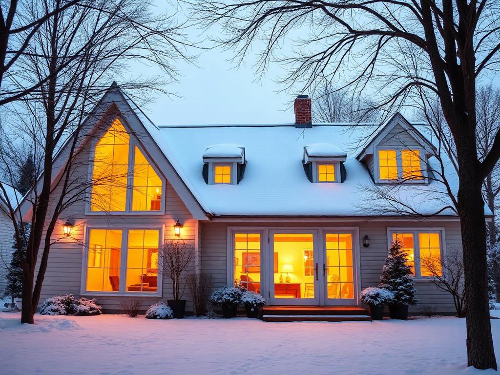 Energy efficient home with warmly lit windows on a winter evening
