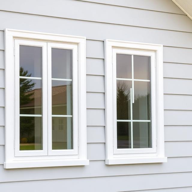 Two newly installed white double-hung windows on a home exterior