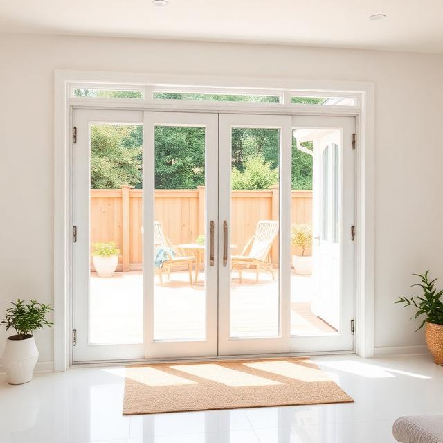 New white sliding patio door opening onto a sunny backyard deck